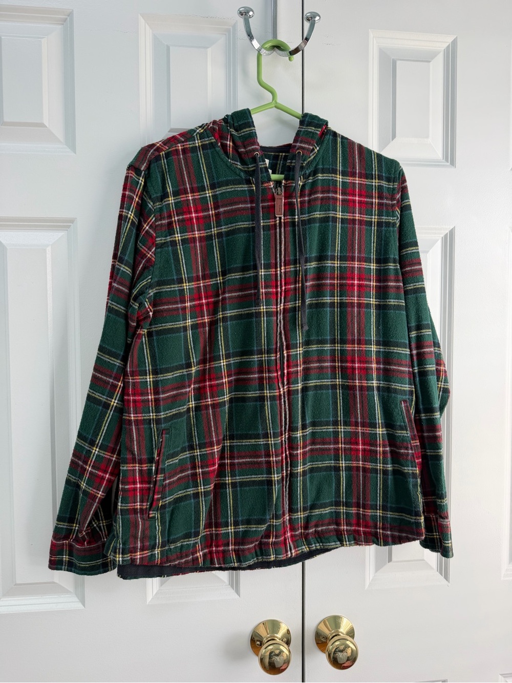 Green Plaid Flannel Zip-Up Hooded Jacket